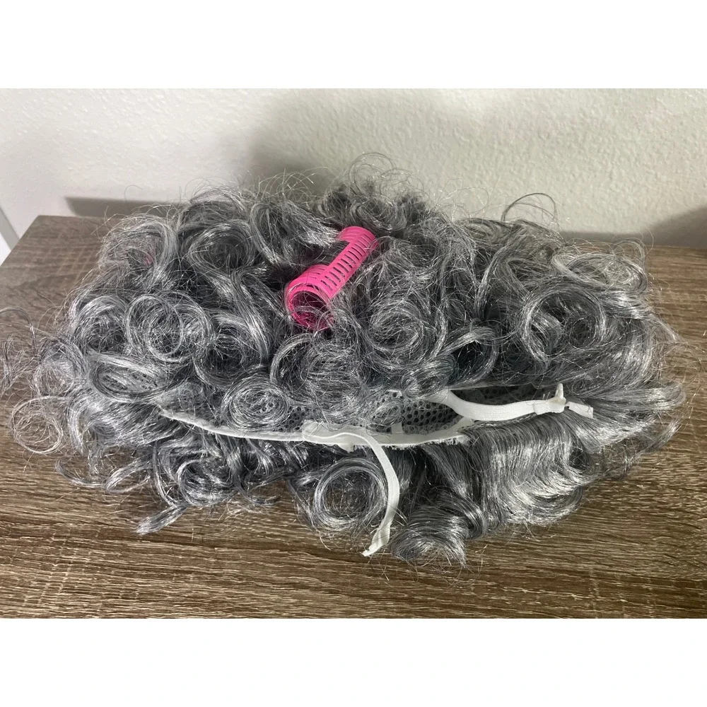 Old Lady Grandma Wig Gray Curly Pink Rollers Granny Costume Halloween 100 Day